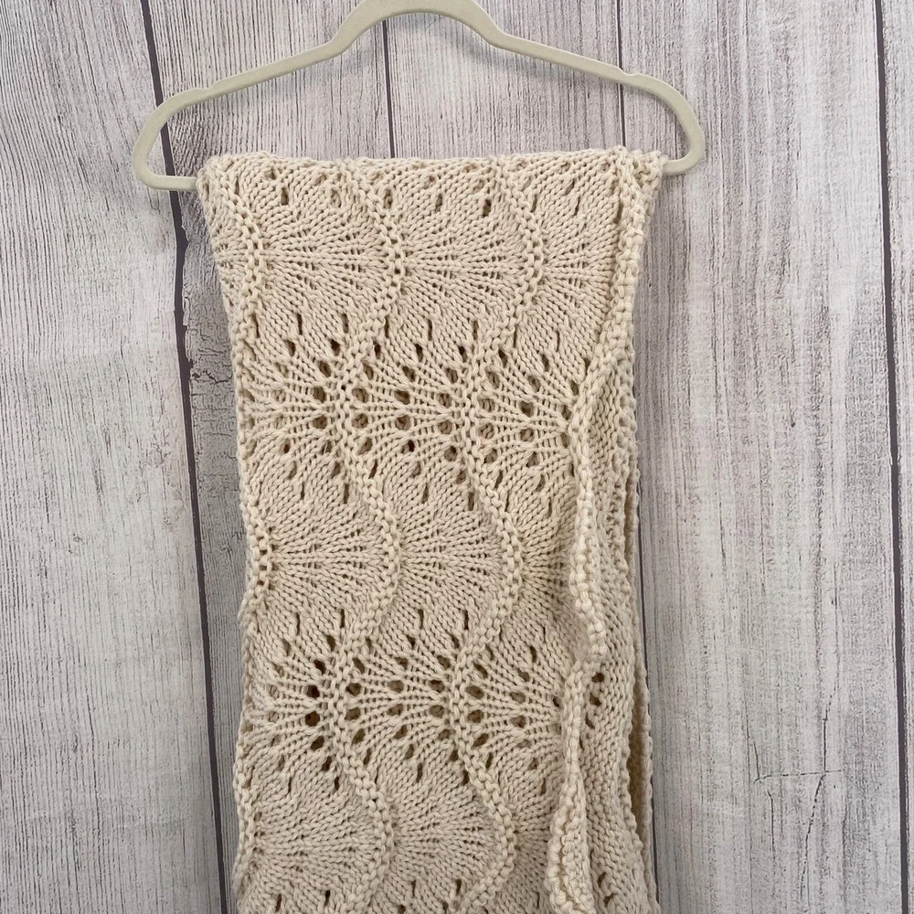 Shabby Chic Throw Blanket Cream Pointelle Fan Chunky Knit Scalloped Edge Country